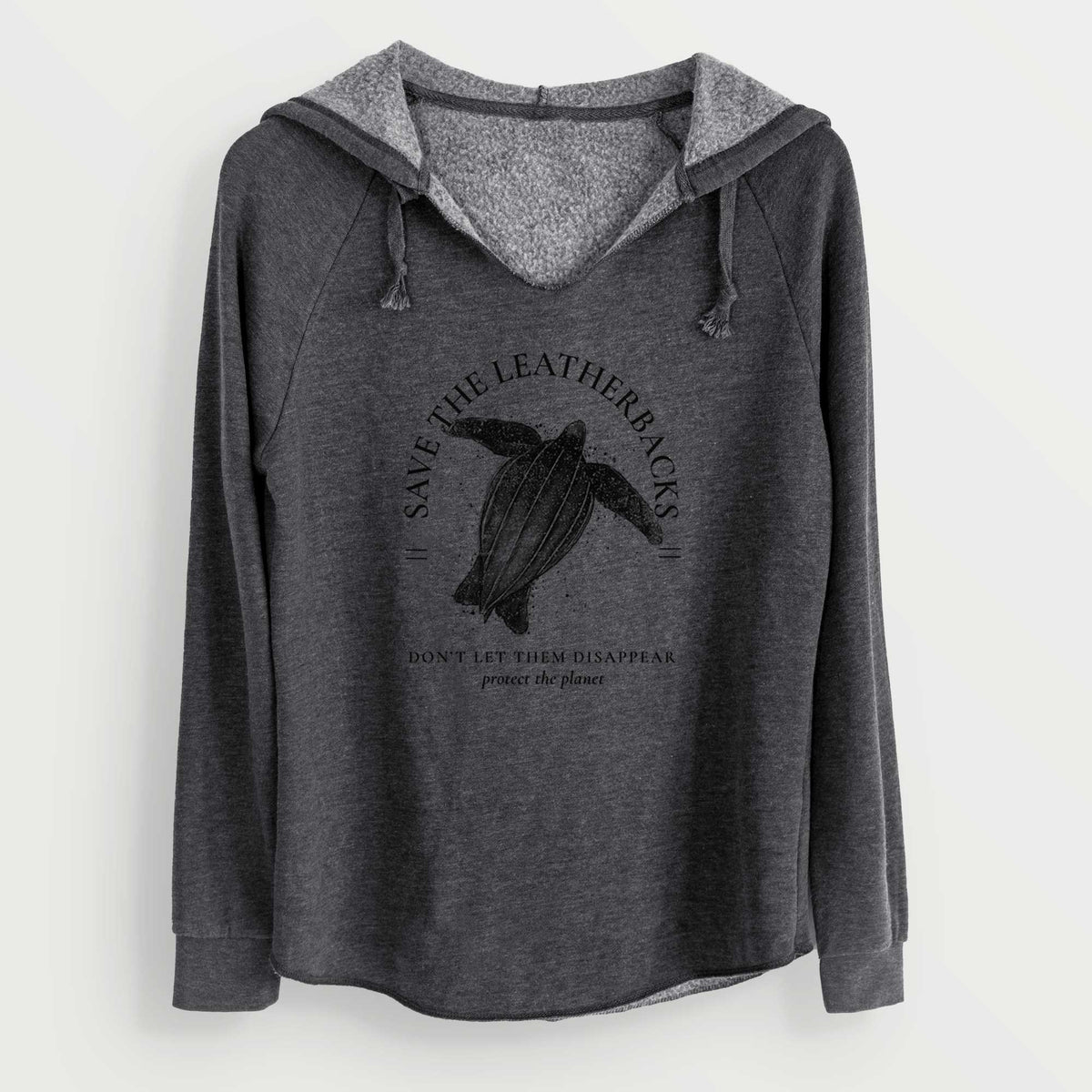 Charcoal grey women's Cali Wave hooded sweatshirt laid flat, printed with a black ink leatherback sea turtle framed by the words Save the Leatherbacks, Don't Let Them Disappear.