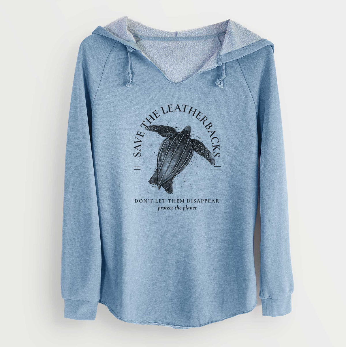 Misty blue women's Cali Wave hooded sweatshirt laid flat, printed with a black ink leatherback sea turtle framed by the words Save the Leatherbacks, Don't Let Them Disappear.