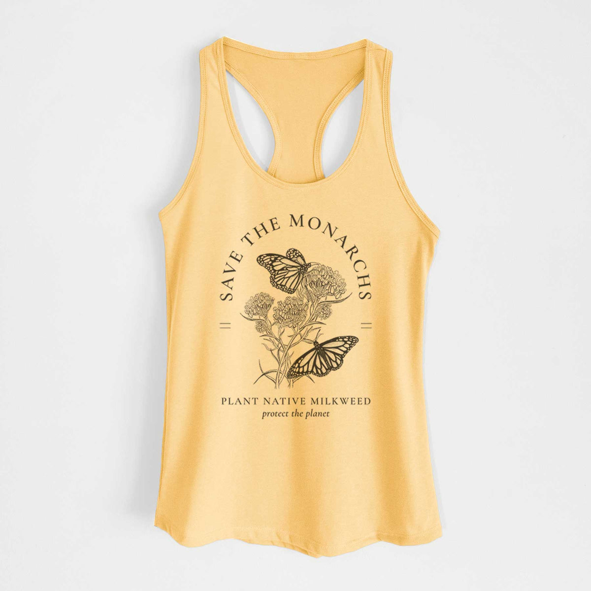 Banana cream women's racerback tank top laid flat, printed with black ink monarch butterflies on milkweed flowers, framed by the words Save the Monarchs, Plant Native Milkweed.