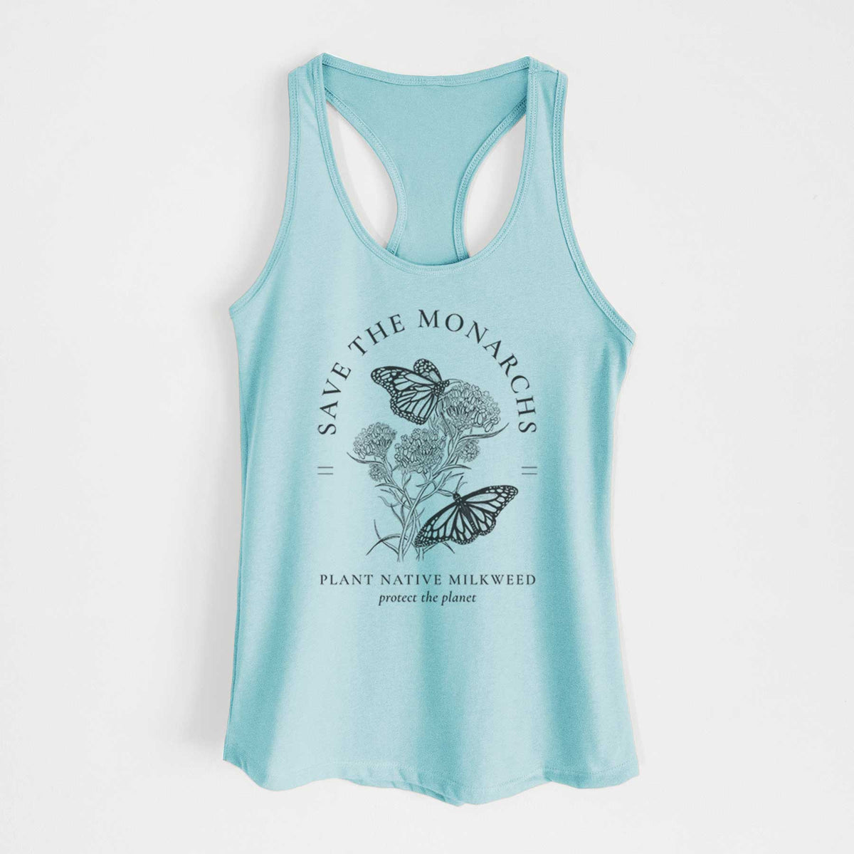 Cancun blue women's racerback tank top laid flat, printed with black ink monarch butterflies on milkweed flowers, framed by the words Save the Monarchs, Plant Native Milkweed.