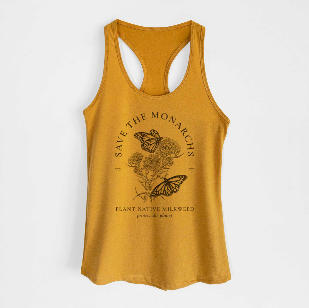 Gold women's racerback tank top laid flat, printed with black ink monarch butterflies on milkweed flowers, framed by the words Save the Monarchs, Plant Native Milkweed.