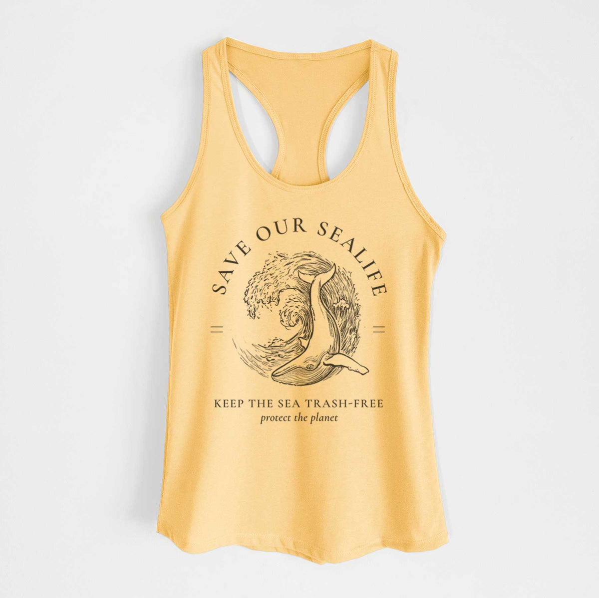 Banana cream women's racerback tank top laid flat, printed with a black ink whale in an ocean wave framed by the words Save Our Sealife, Keep the Sea Trash-Free.