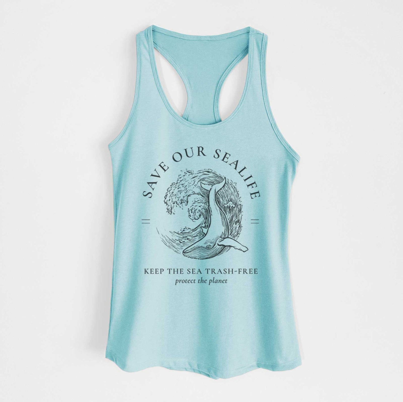 Banana cream women's racerback tank top laid flat, printed with a black ink whale in an ocean wave framed by the words Save Our Sealife, Keep the Sea Trash-Free.