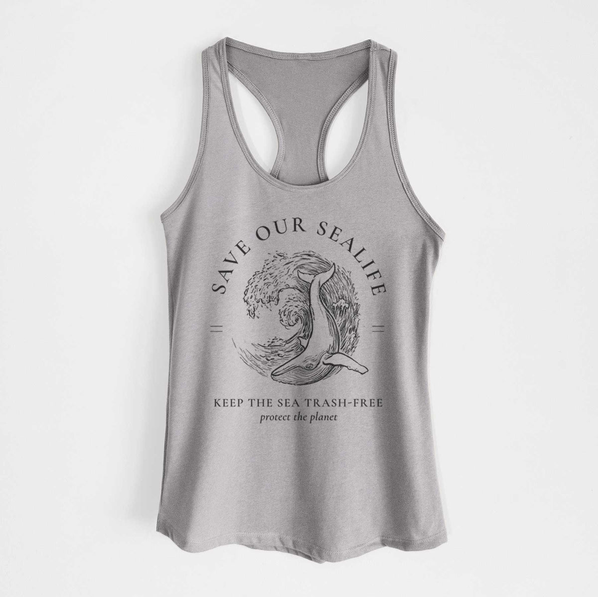Heather grey women's racerback tank top laid flat, printed with a black ink whale in an ocean wave framed by the words Save Our Sealife, Keep the Sea Trash-Free.