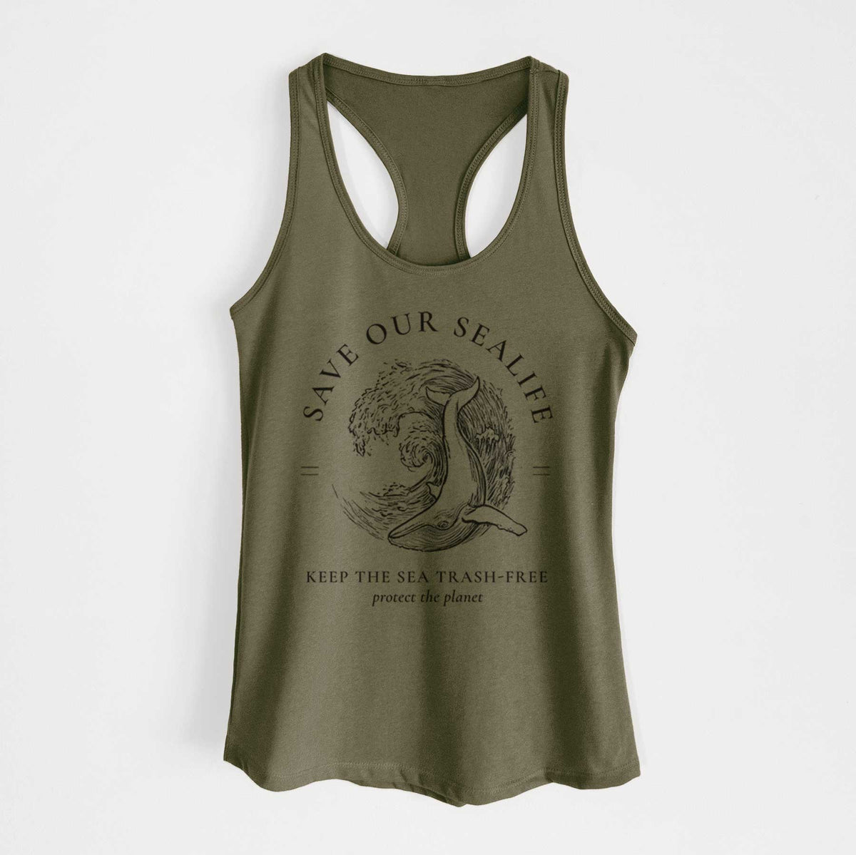 Military green women's racerback tank top laid flat, printed with a black ink whale in an ocean wave framed by the words Save Our Sealife, Keep the Sea Trash-Free.