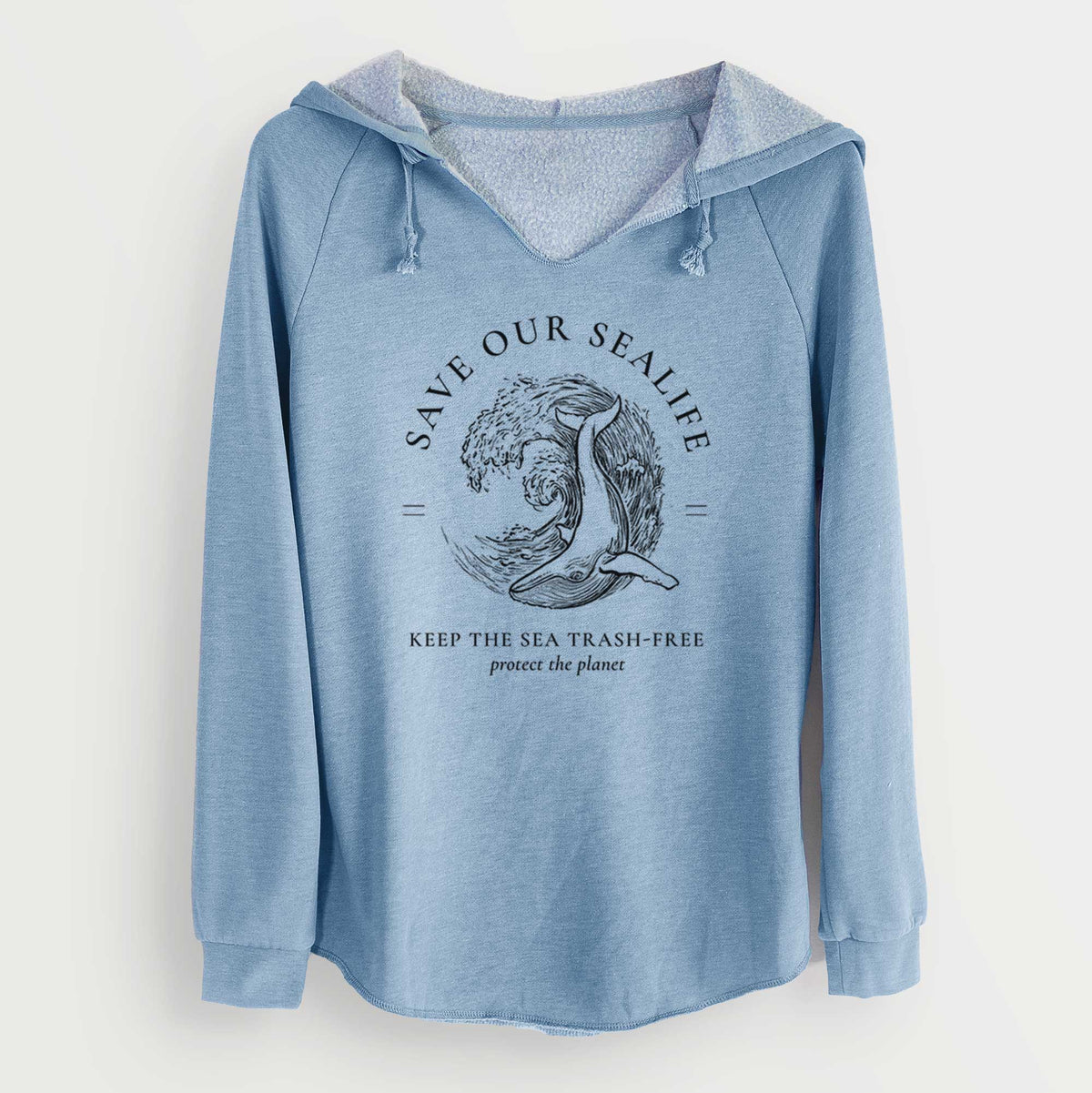Misty blue women's Cali Wave hooded sweatshirt laid flat, printed with a black ink whale in an ocean wave framed by the words Save Our Sealife, Keep the Sea Trash-Free.