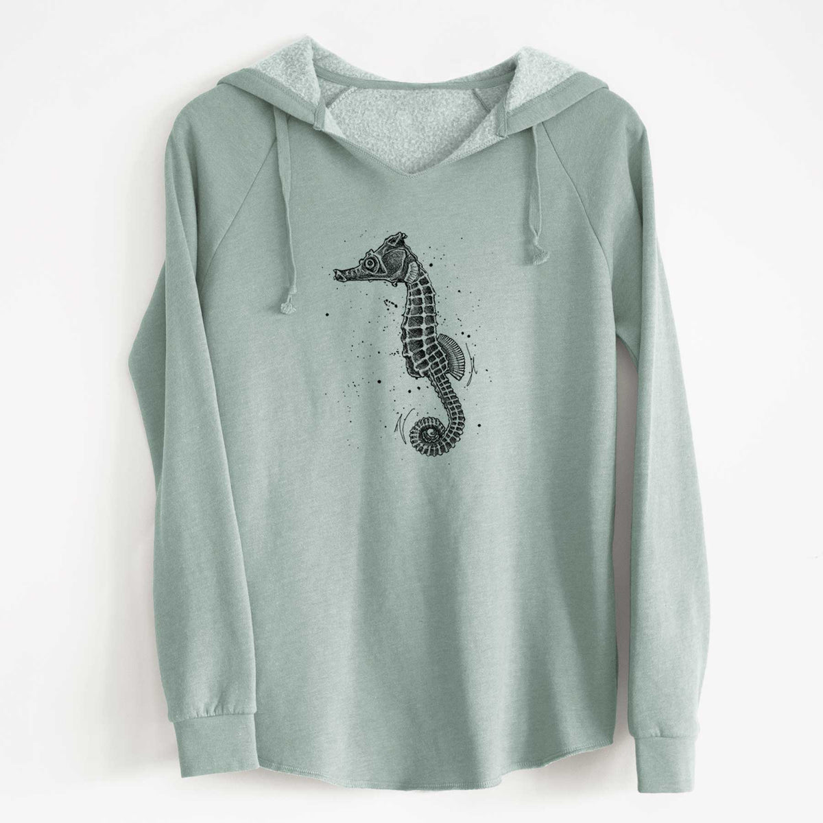 Sage green women's Cali Wave hooded sweatshirt laid flat, printed with a detailed black ink illustration of a Pacific seahorse with its tail curled.