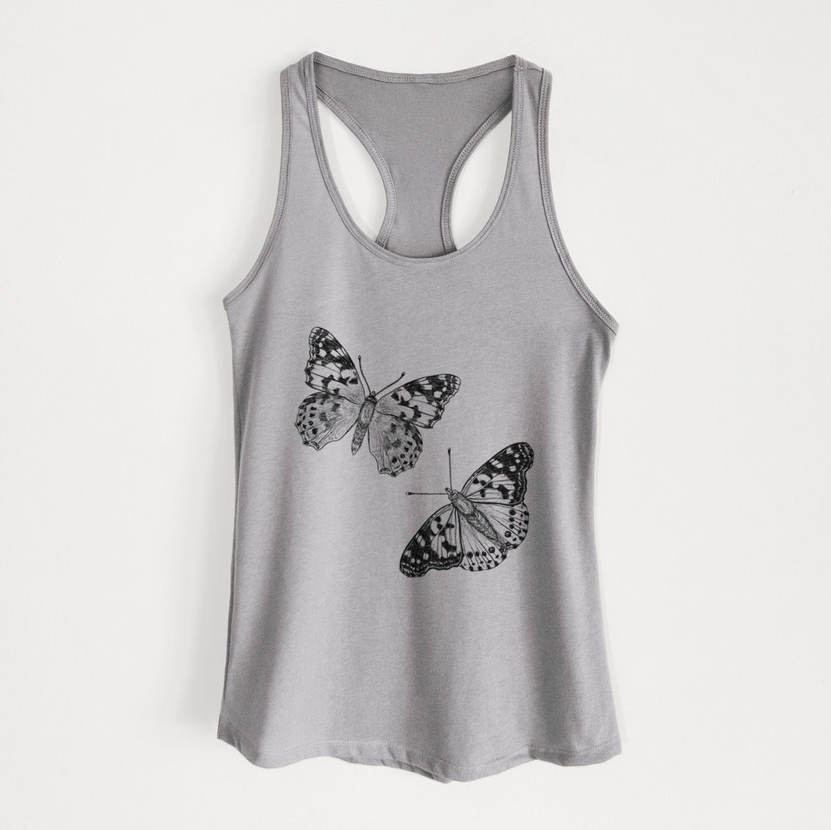 Heather grey women's racerback tank top laid flat, printed with a detailed black ink illustration of two painted lady butterflies.