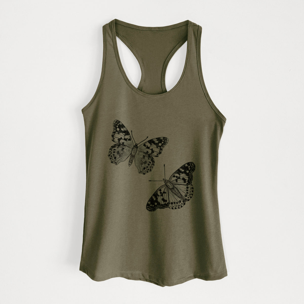 Military green women's racerback tank top laid flat, printed with a detailed black ink illustration of two painted lady butterflies.