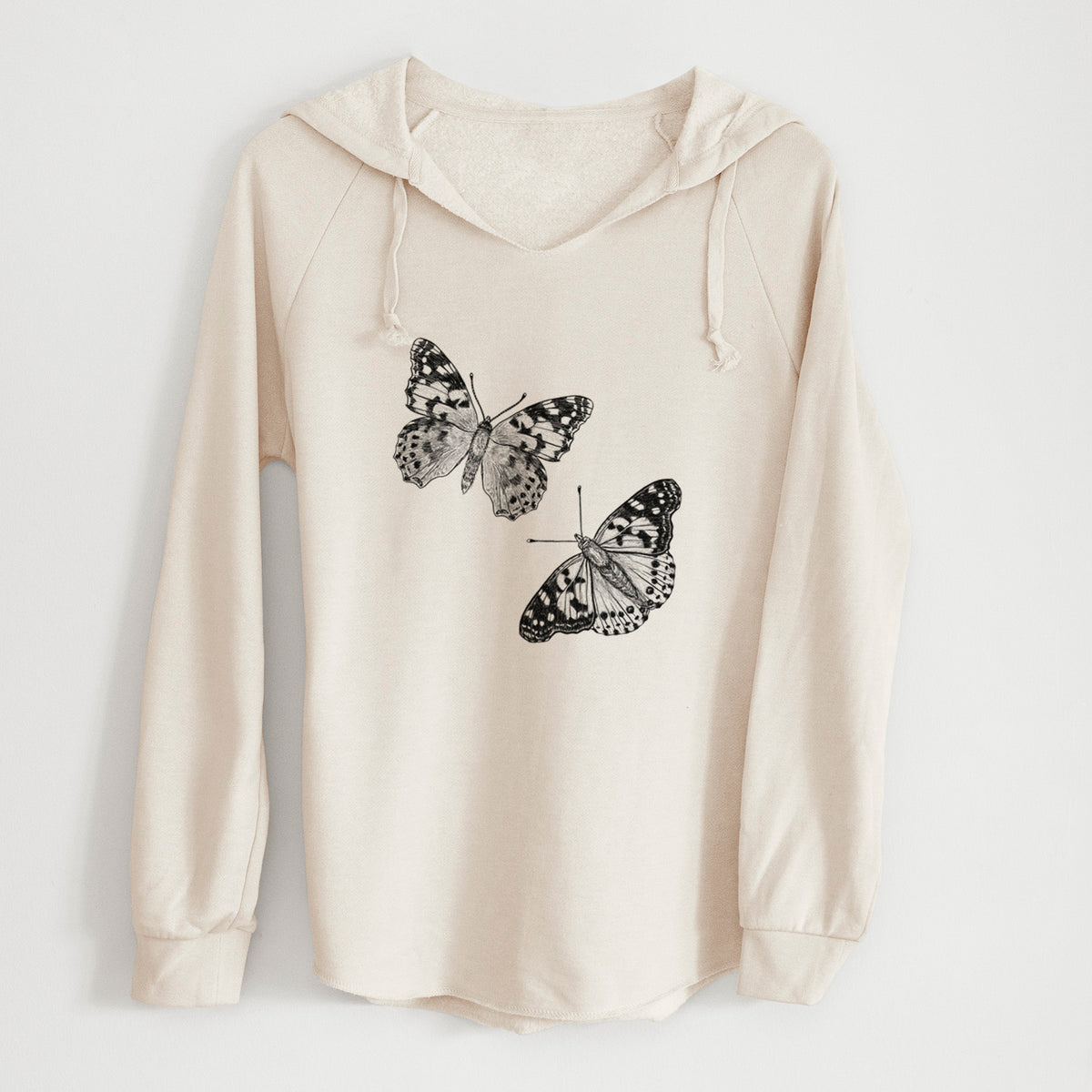 Bone cream women's Cali Wave hooded sweatshirt laid flat, printed with a detailed black ink illustration of two painted lady butterflies.