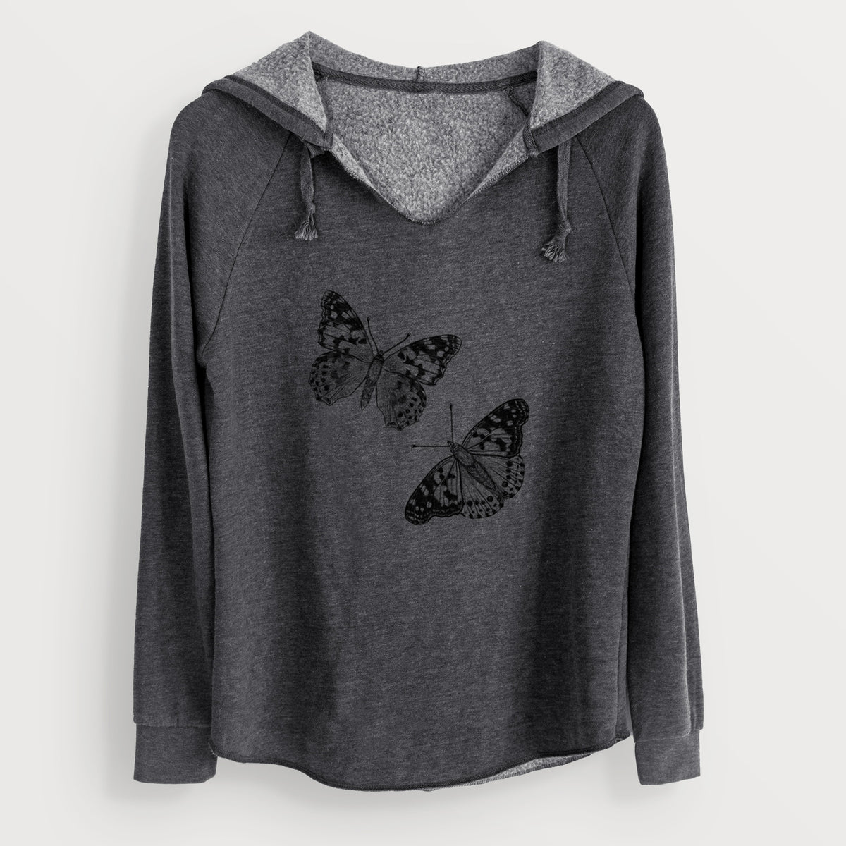 Charcoal grey women's Cali Wave hooded sweatshirt laid flat, printed with a detailed black ink illustration of two painted lady butterflies.