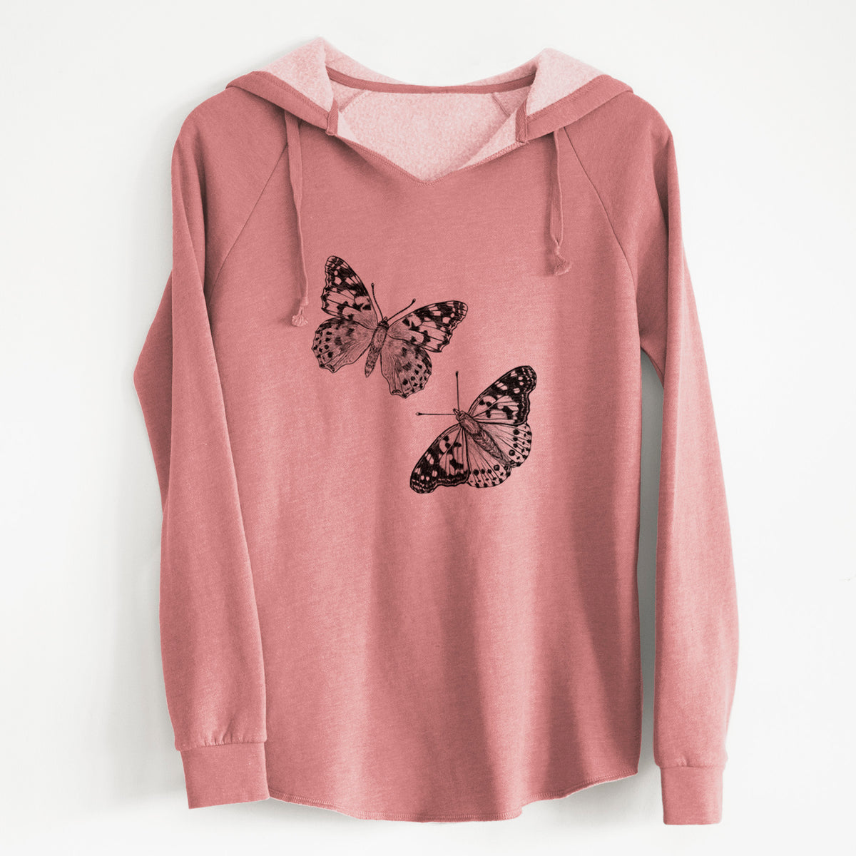 Dusty rose women's Cali Wave hooded sweatshirt laid flat, printed with a detailed black ink illustration of two painted lady butterflies.