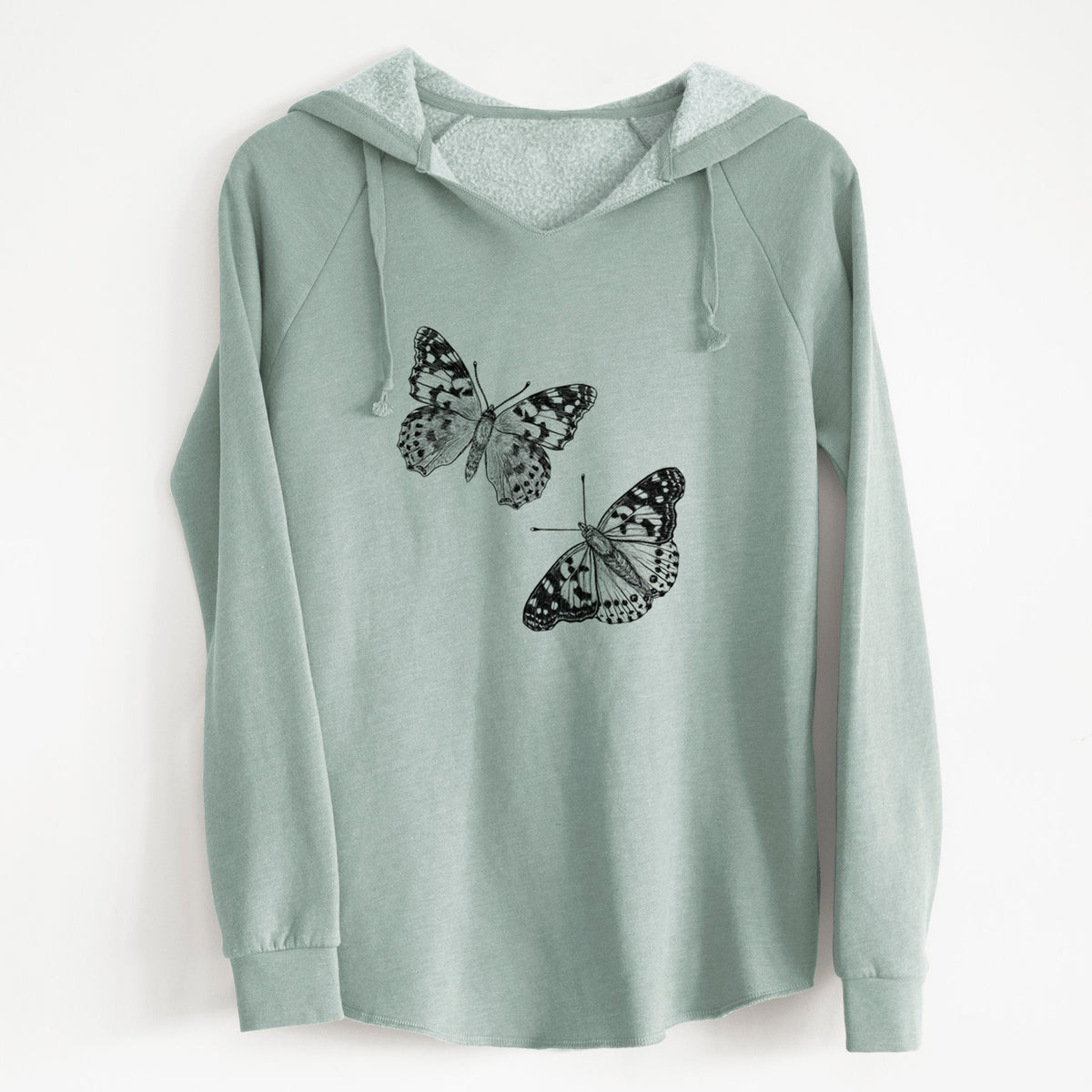 Sage green women's Cali Wave hooded sweatshirt laid flat, printed with a detailed black ink illustration of two painted lady butterflies.