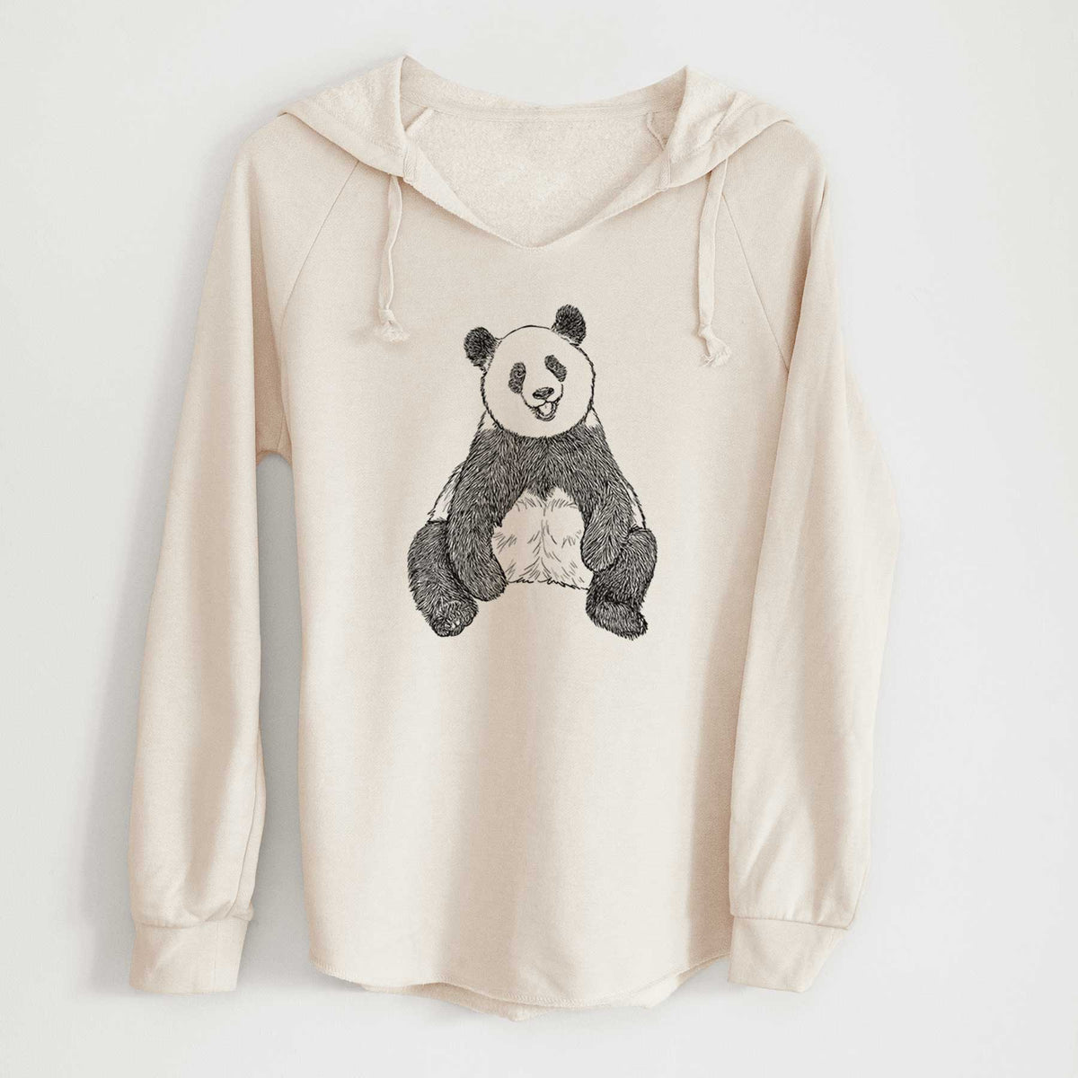 Bone cream women's Cali Wave hooded sweatshirt laid flat, printed with a black ink illustration of a giant panda sitting and facing forward.