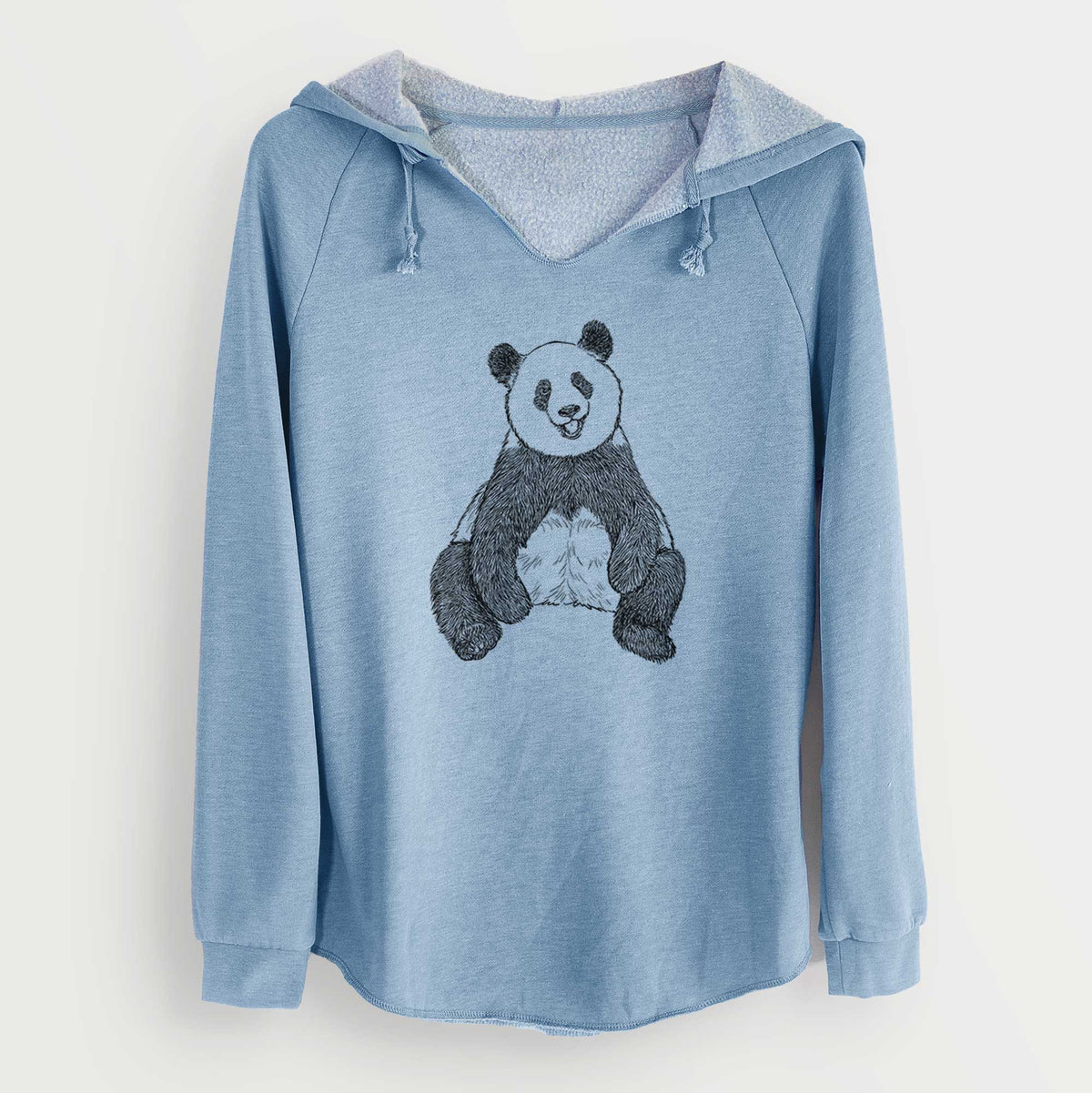 Misty blue women's Cali Wave hooded sweatshirt laid flat, printed with a black ink illustration of a giant panda sitting and facing forward.