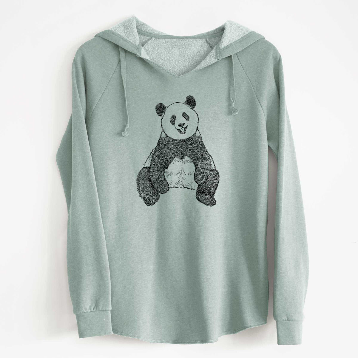 Sage green women's Cali Wave hooded sweatshirt laid flat, printed with a black ink illustration of a giant panda sitting and facing forward.