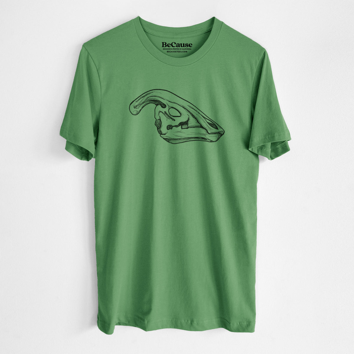 Leaf green lightweight cotton t-shirt laid flat, printed with a detailed black ink illustration of a crested Parasaurolophus skull.