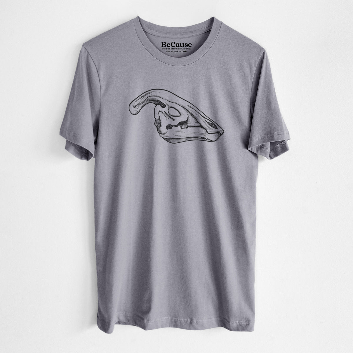 Storm grey lightweight cotton t-shirt laid flat, printed with a detailed black ink illustration of a crested Parasaurolophus skull.
