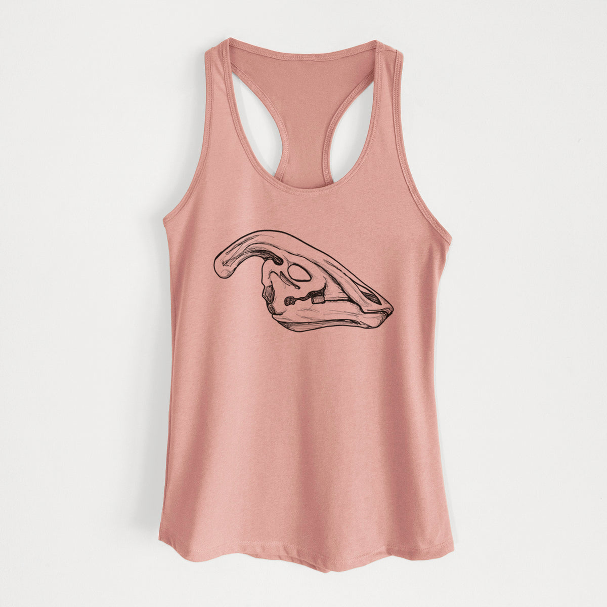 Desert pink women's racerback tank top laid flat, printed with a detailed black ink illustration of a crested Parasaurolophus skull.