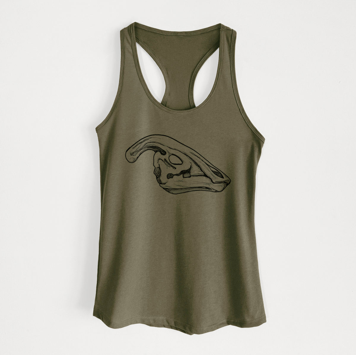 Military green women's racerback tank top laid flat, printed with a detailed black ink illustration of a crested Parasaurolophus skull.