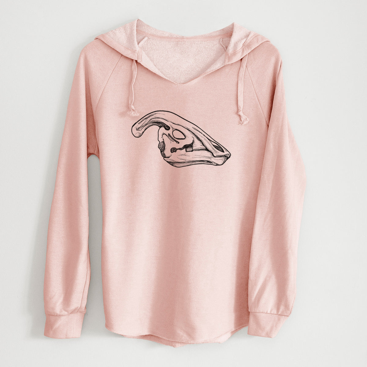 Blush pink women's Cali Wave hooded sweatshirt laid flat, printed with a detailed black ink illustration of a crested Parasaurolophus skull.