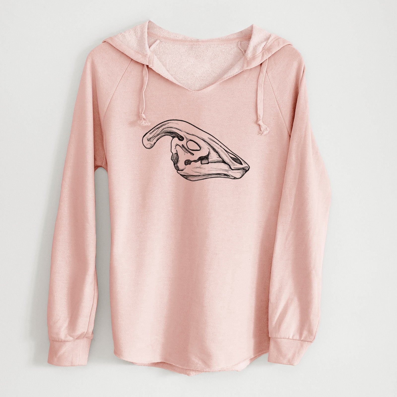 Sage green women's Cali Wave hooded sweatshirt laid flat, printed with a detailed black ink illustration of a crested Parasaurolophus skull.