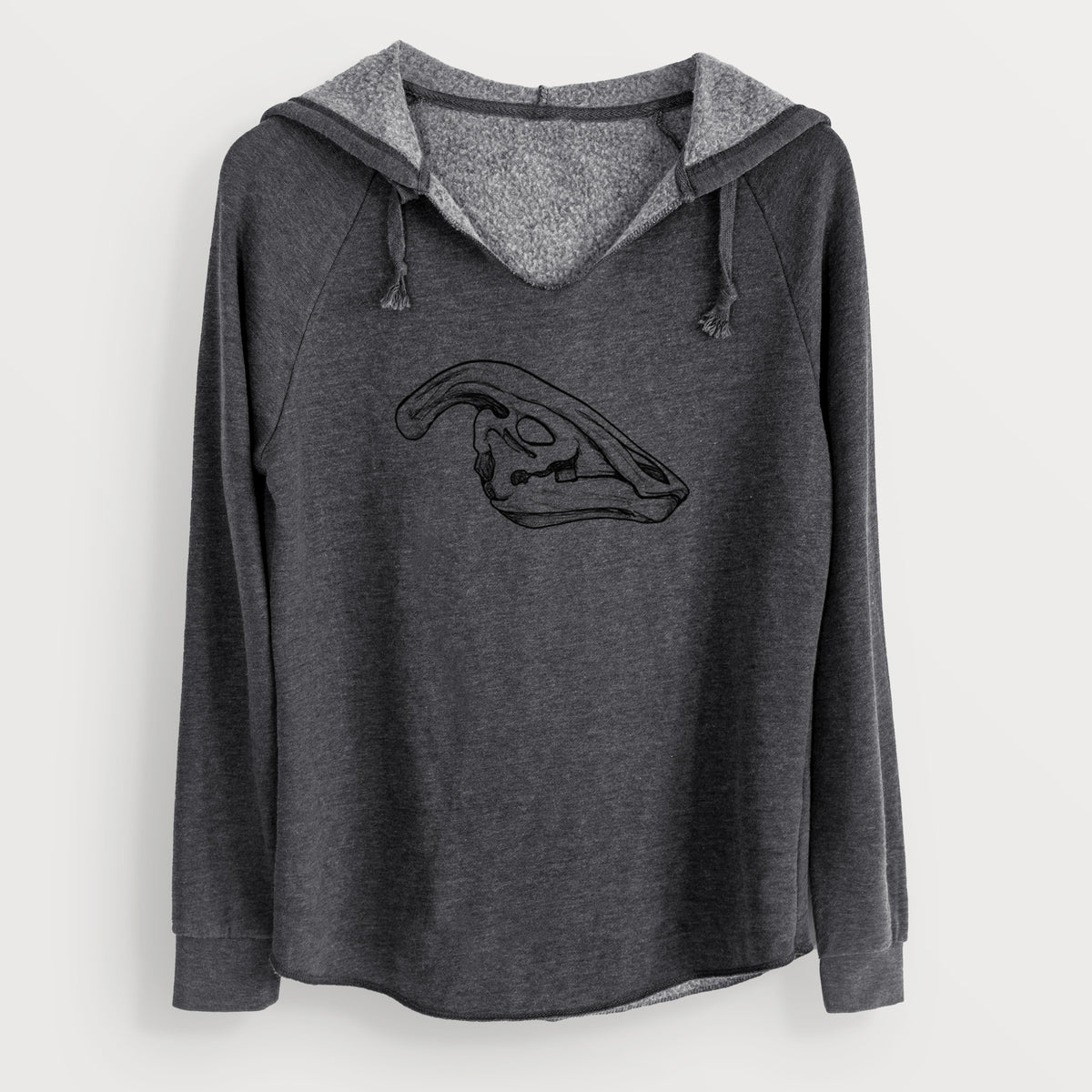 Charcoal grey women's Cali Wave hooded sweatshirt laid flat, printed with a detailed black ink illustration of a crested Parasaurolophus skull.