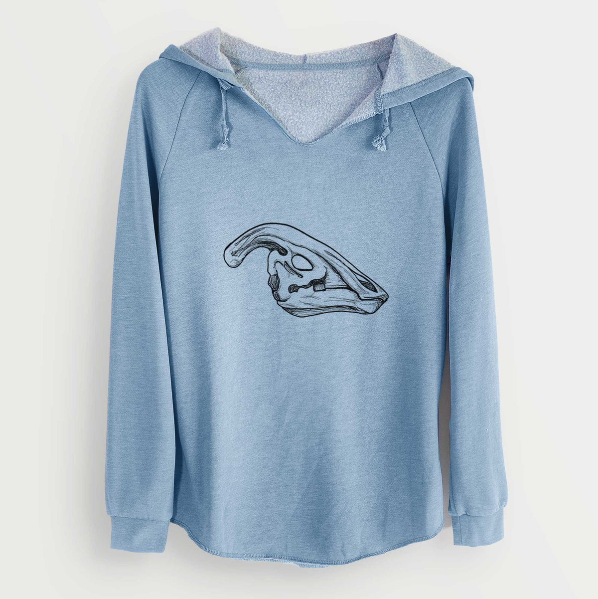 Misty blue women's Cali Wave hooded sweatshirt laid flat, printed with a detailed black ink illustration of a crested Parasaurolophus skull.