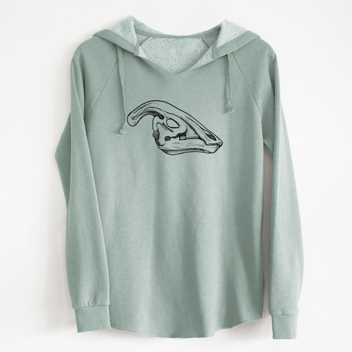 Sage green women's Cali Wave hooded sweatshirt laid flat, printed with a detailed black ink illustration of a crested Parasaurolophus skull.