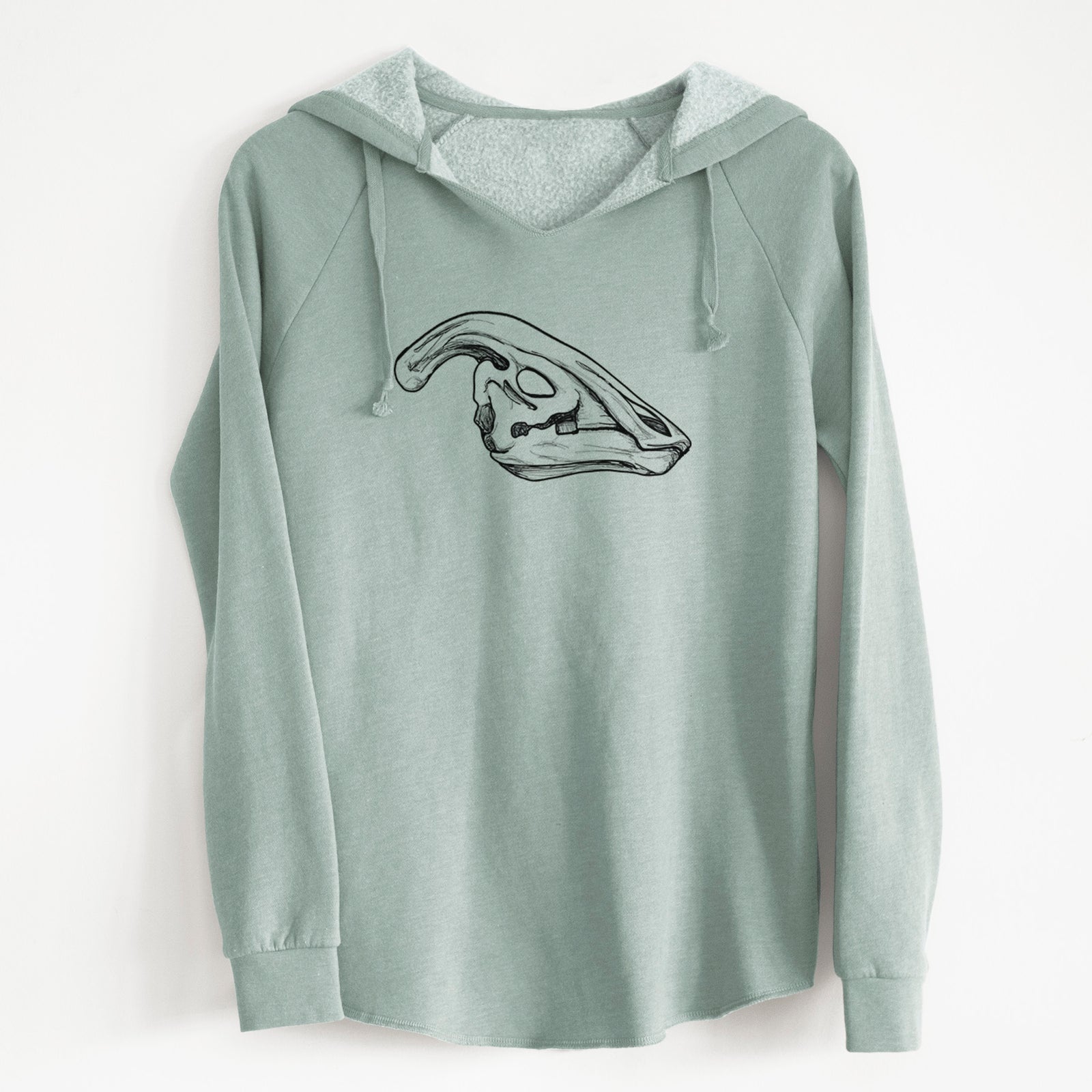 Sage green women's Cali Wave hooded sweatshirt laid flat, printed with a detailed black ink illustration of a crested Parasaurolophus skull.