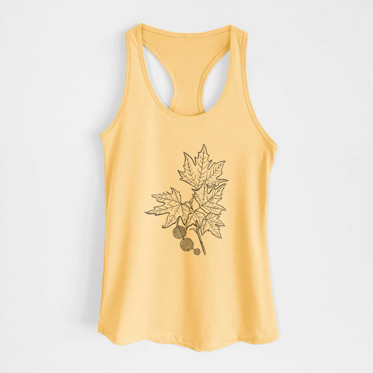 Banana cream women's racerback tank top laid flat, printed with a black ink illustration of an oriental plane tree branch with lobed leaves and round seed balls.
