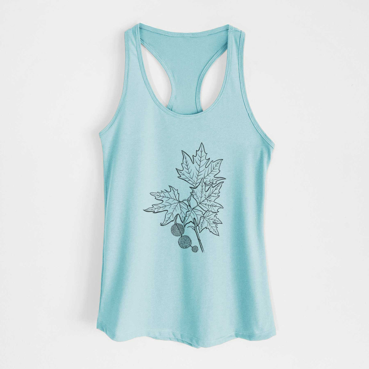 Cancun blue women's racerback tank top laid flat, printed with a black ink illustration of an oriental plane tree branch with lobed leaves and round seed balls.