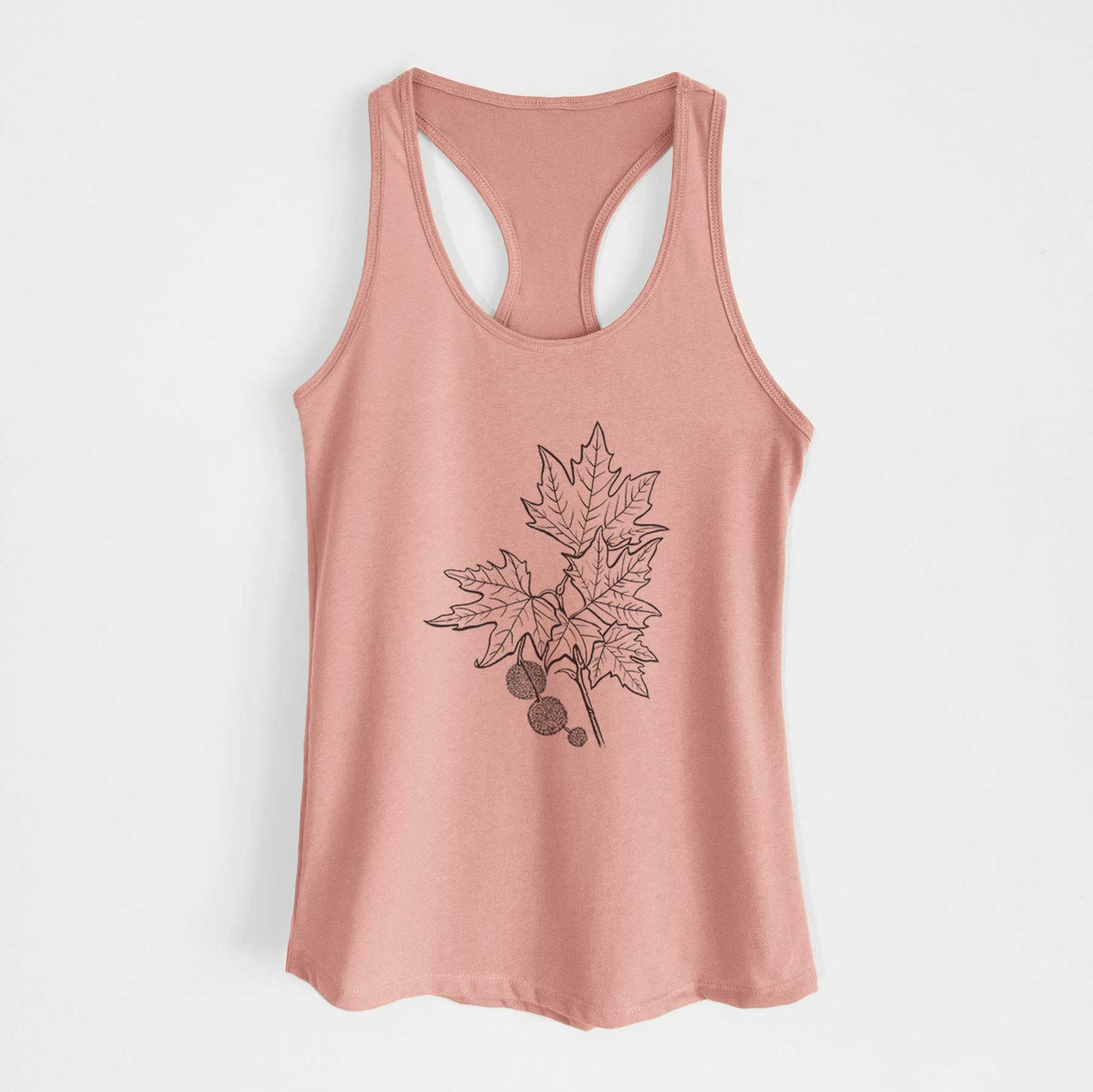 Desert pink women's racerback tank top laid flat, printed with a black ink illustration of an oriental plane tree branch with lobed leaves and round seed balls.