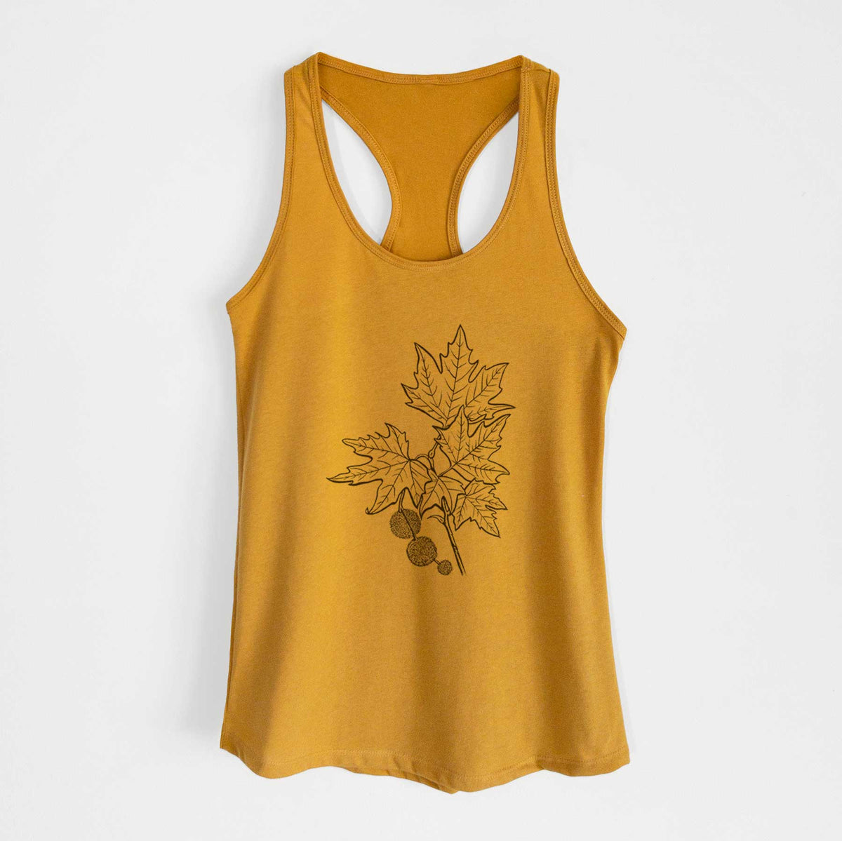 Gold women's racerback tank top laid flat, printed with a black ink illustration of an oriental plane tree branch with lobed leaves and round seed balls.