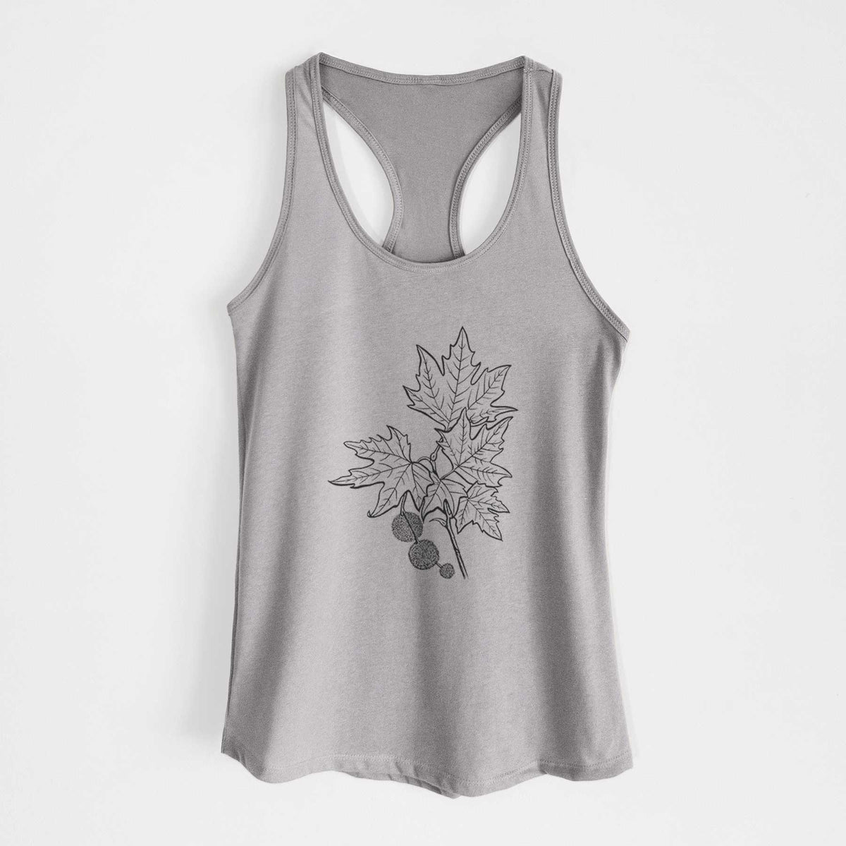 Heather grey women's racerback tank top laid flat, printed with a black ink illustration of an oriental plane tree branch with lobed leaves and round seed balls.