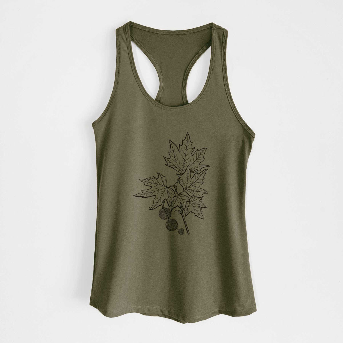 Military green women's racerback tank top laid flat, printed with a black ink illustration of an oriental plane tree branch with lobed leaves and round seed balls.