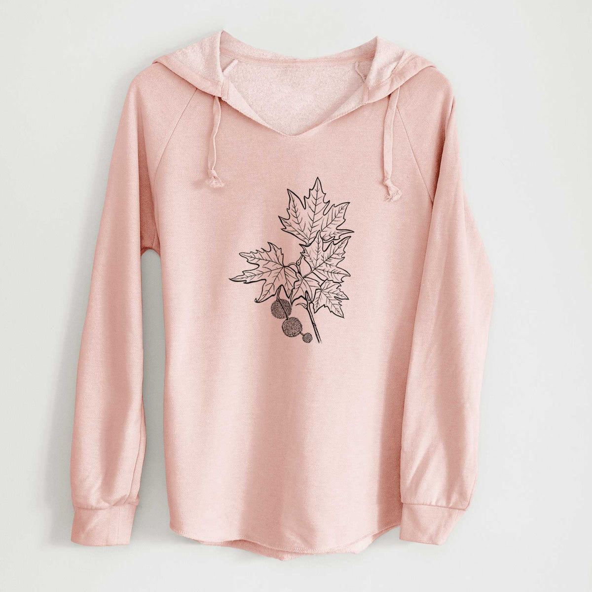 Blush pink women's Cali Wave hooded sweatshirt laid flat, printed with a black ink illustration of an oriental plane tree branch with lobed leaves and round seed balls.