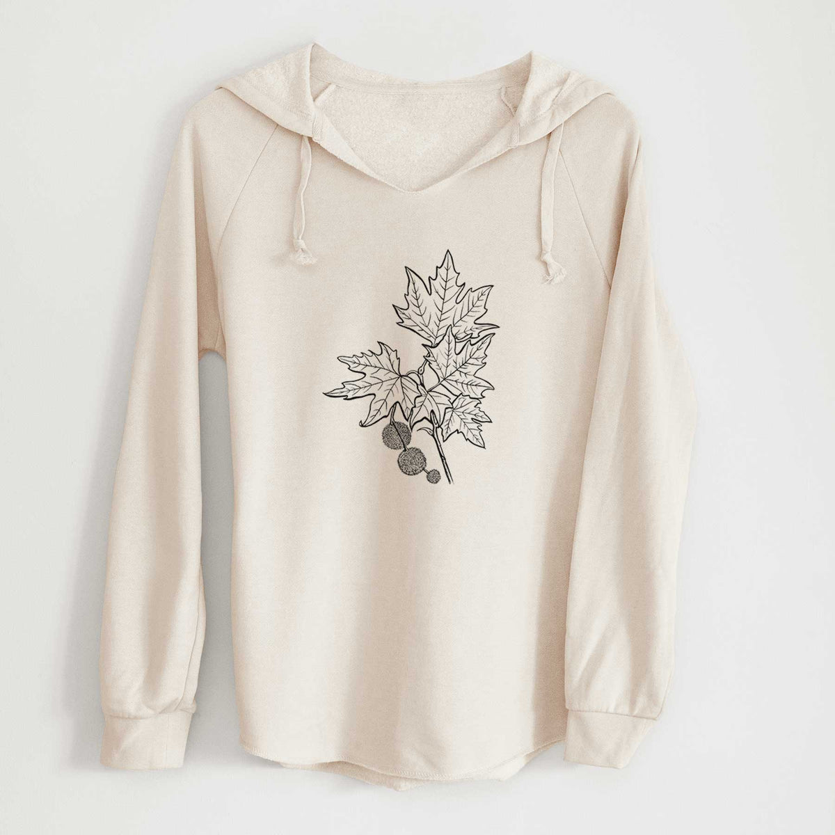 Bone cream women's Cali Wave hooded sweatshirt laid flat, printed with a black ink illustration of an oriental plane tree branch with lobed leaves and round seed balls.