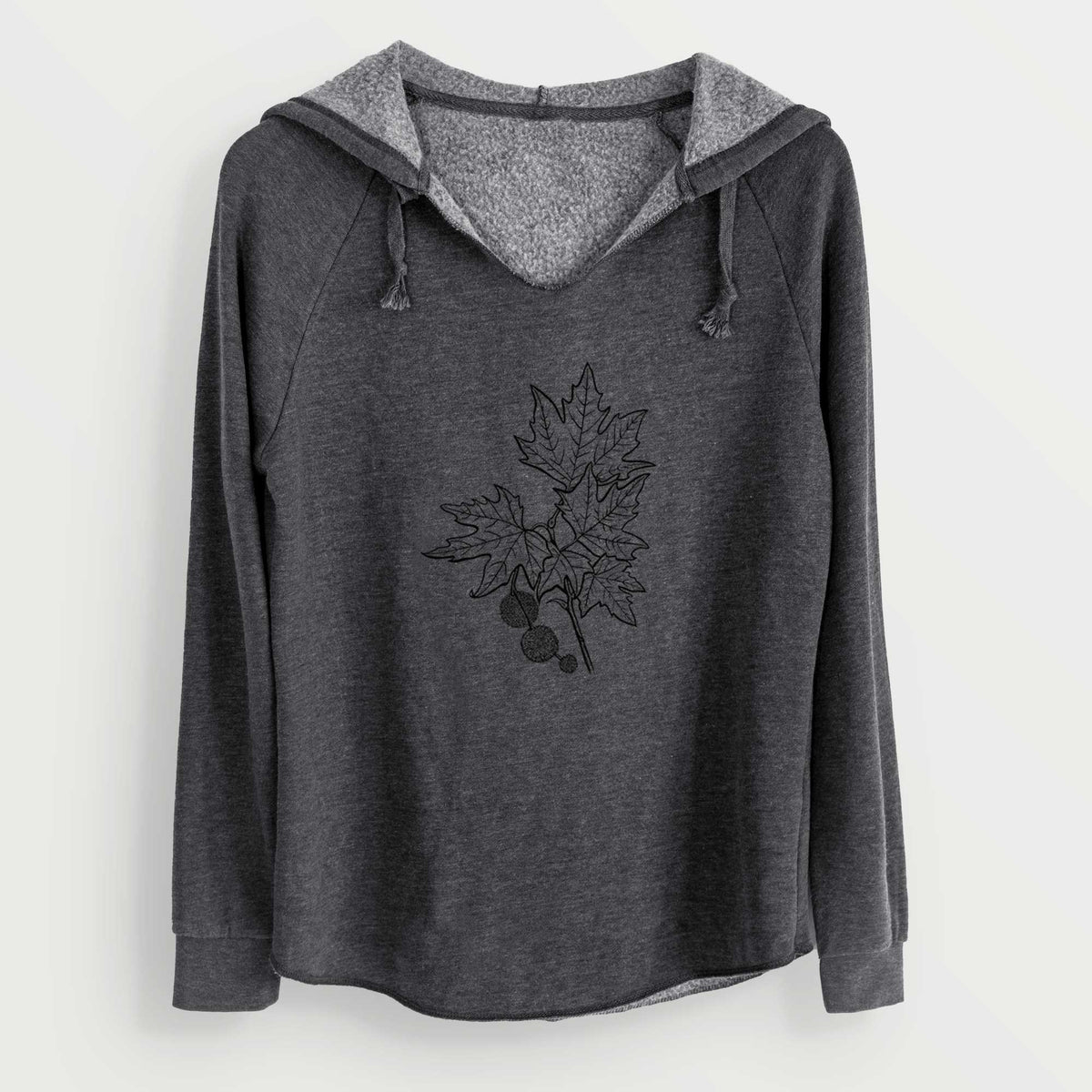 Charcoal grey women's Cali Wave hooded sweatshirt laid flat, printed with a black ink illustration of an oriental plane tree branch with lobed leaves and round seed balls.