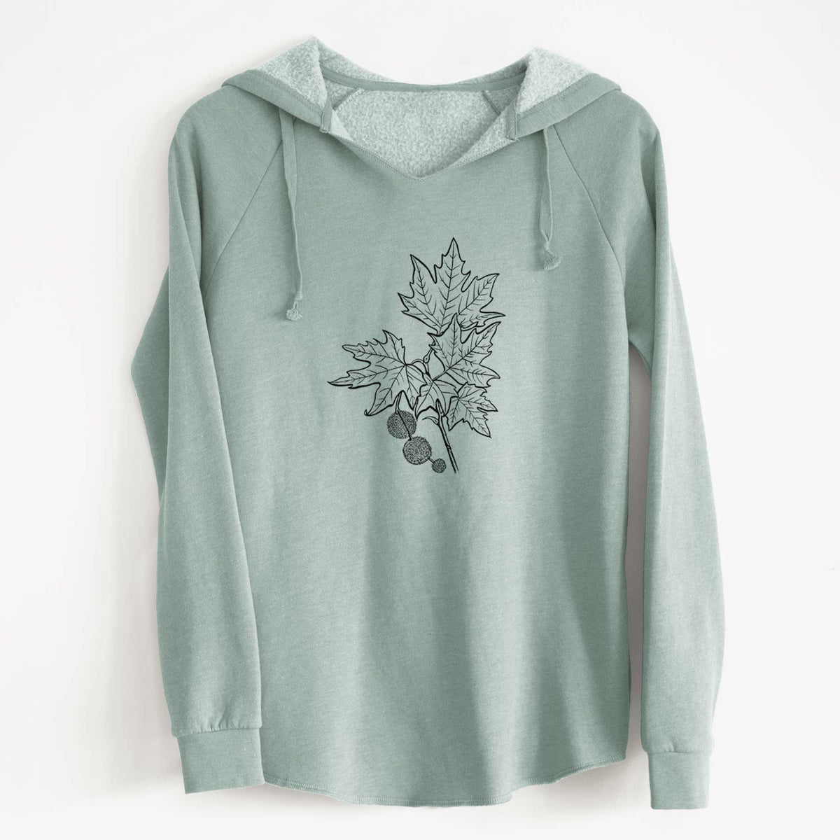 Sage green women's Cali Wave hooded sweatshirt laid flat, printed with a black ink illustration of an oriental plane tree branch with lobed leaves and round seed balls.