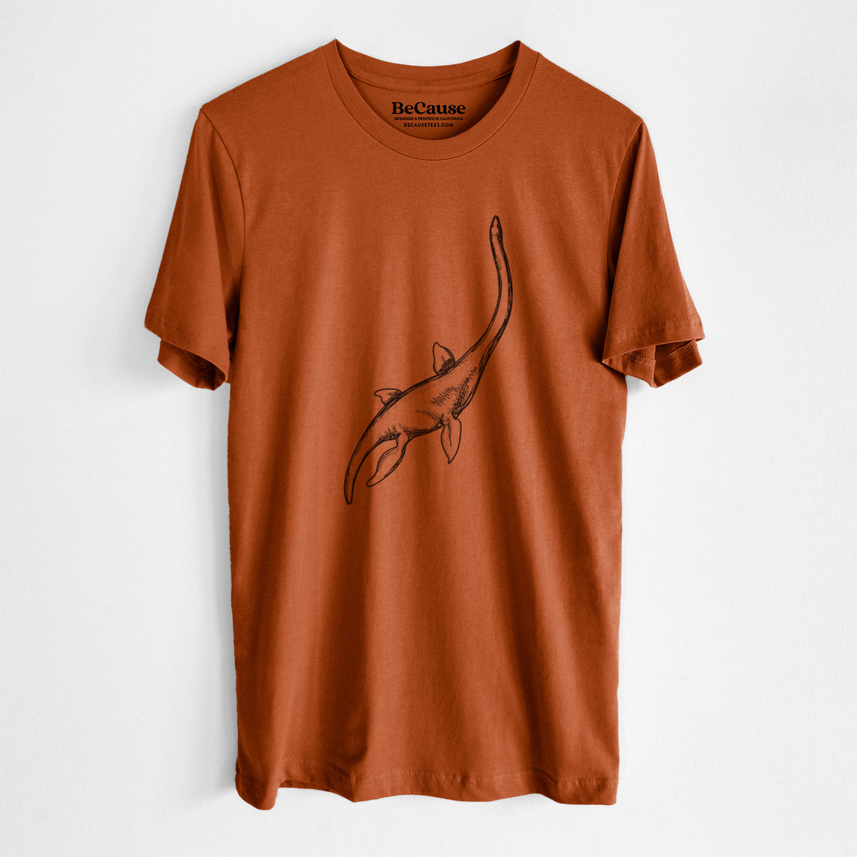 Autumn lightweight cotton t-shirt laid flat, printed with a black ink illustration of a long-necked plesiosaur swimming.