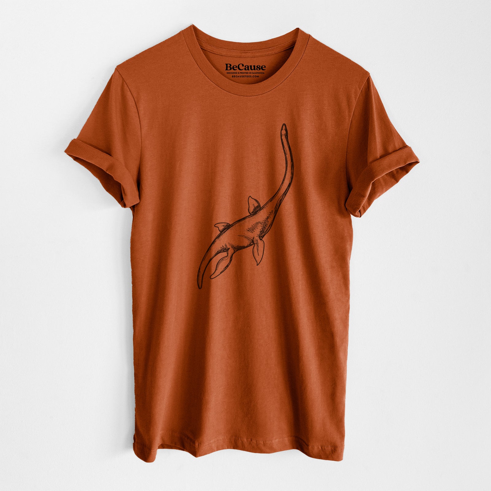 Autumn lightweight cotton t-shirt laid flat, printed with a black ink illustration of a long-necked plesiosaur swimming.