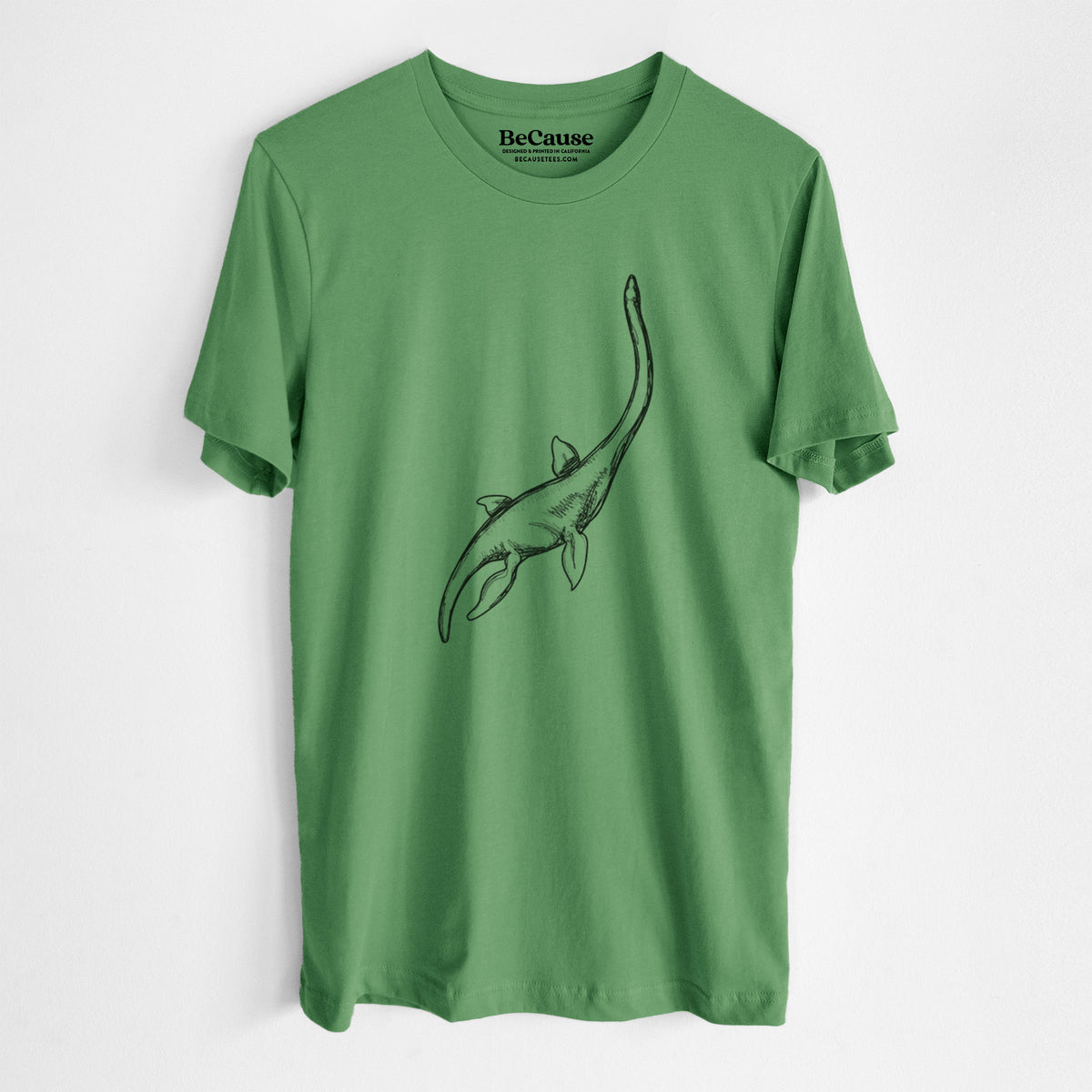 Leaf green lightweight cotton t-shirt laid flat, printed with a black ink illustration of a long-necked plesiosaur swimming.