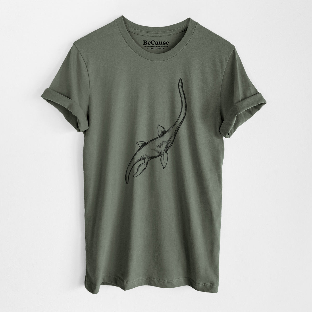 Military green lightweight cotton t-shirt laid flat, printed with a black ink illustration of a long-necked plesiosaur swimming.