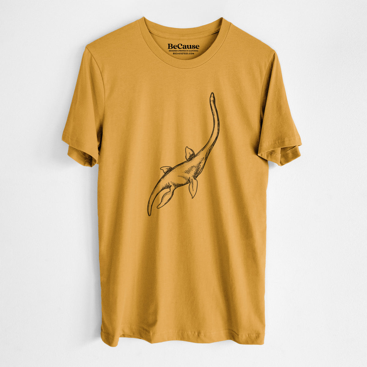 Mustard yellow lightweight cotton t-shirt laid flat, printed with a black ink illustration of a long-necked plesiosaur swimming.