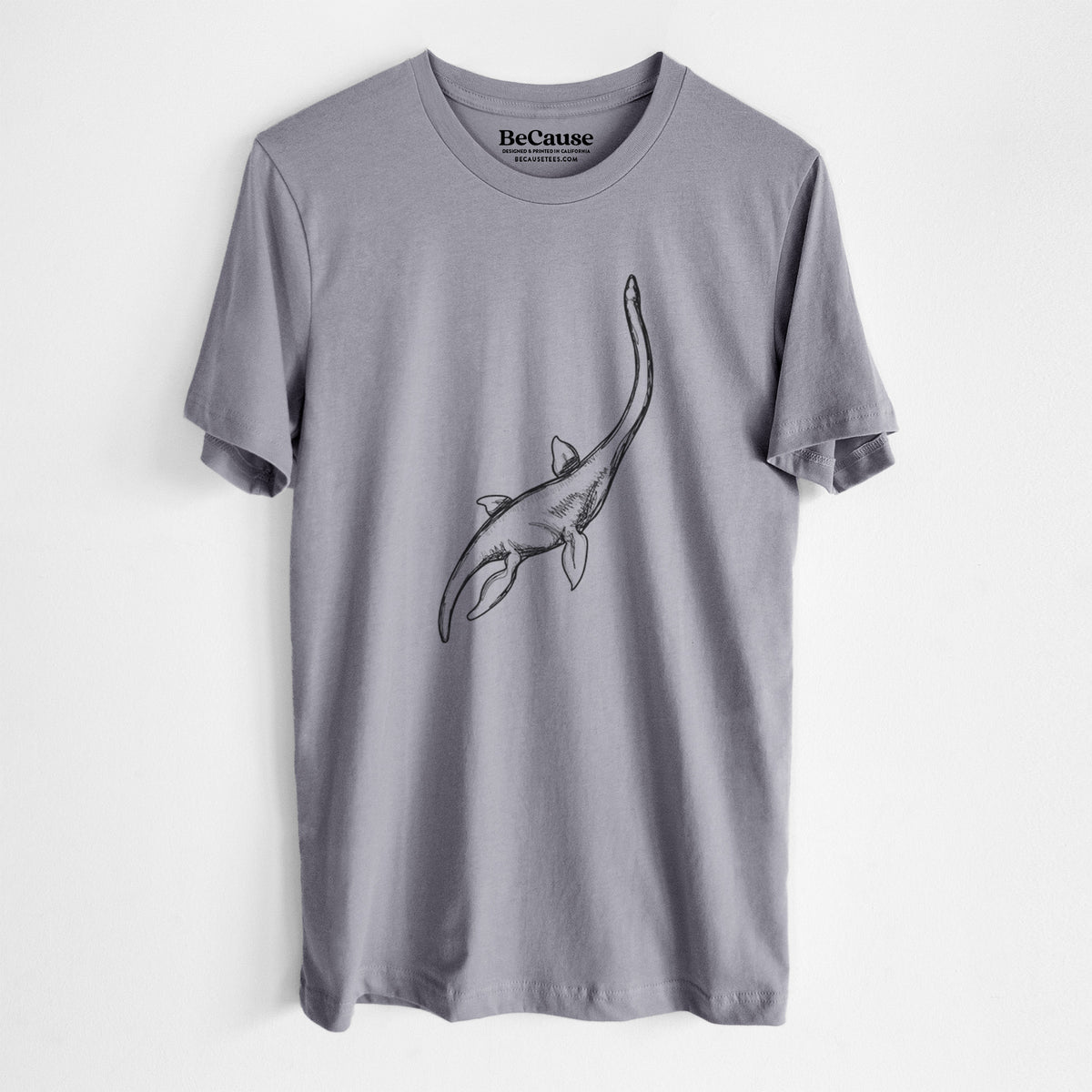 Storm grey lightweight cotton t-shirt laid flat, printed with a black ink illustration of a long-necked plesiosaur swimming.