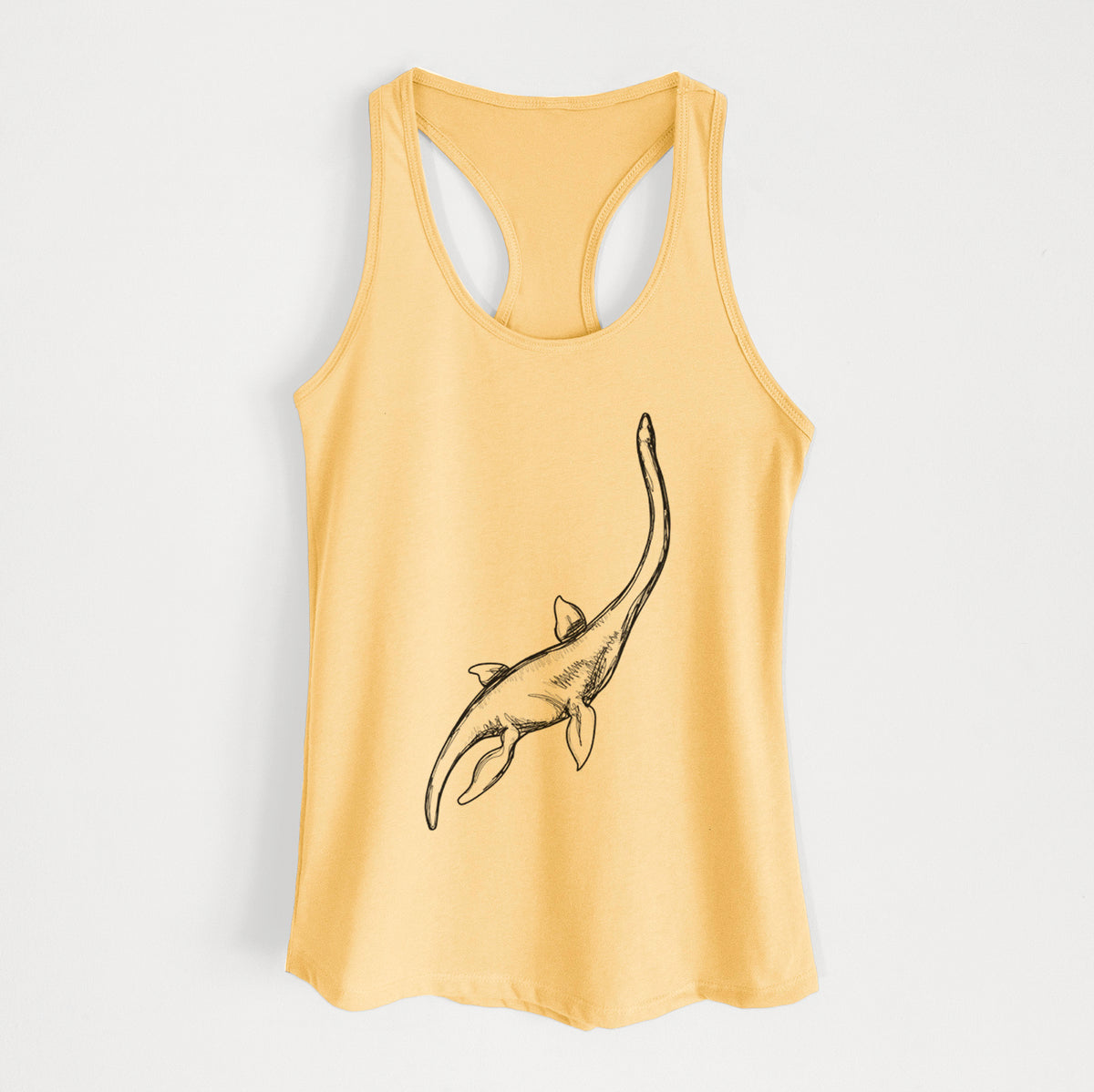 Banana cream women's racerback tank top laid flat, printed with a black ink illustration of a long-necked plesiosaur swimming.