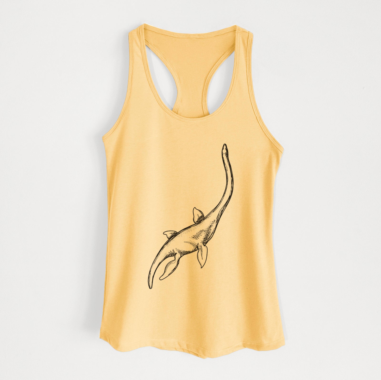 Banana cream women's racerback tank top laid flat, printed with a black ink illustration of a long-necked plesiosaur swimming.