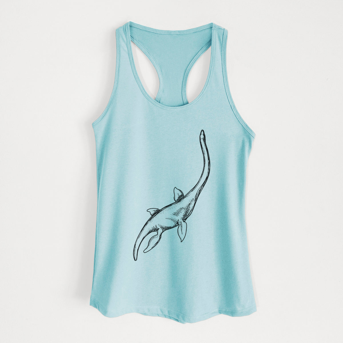Cancun blue women's racerback tank top laid flat, printed with a black ink illustration of a long-necked plesiosaur swimming.