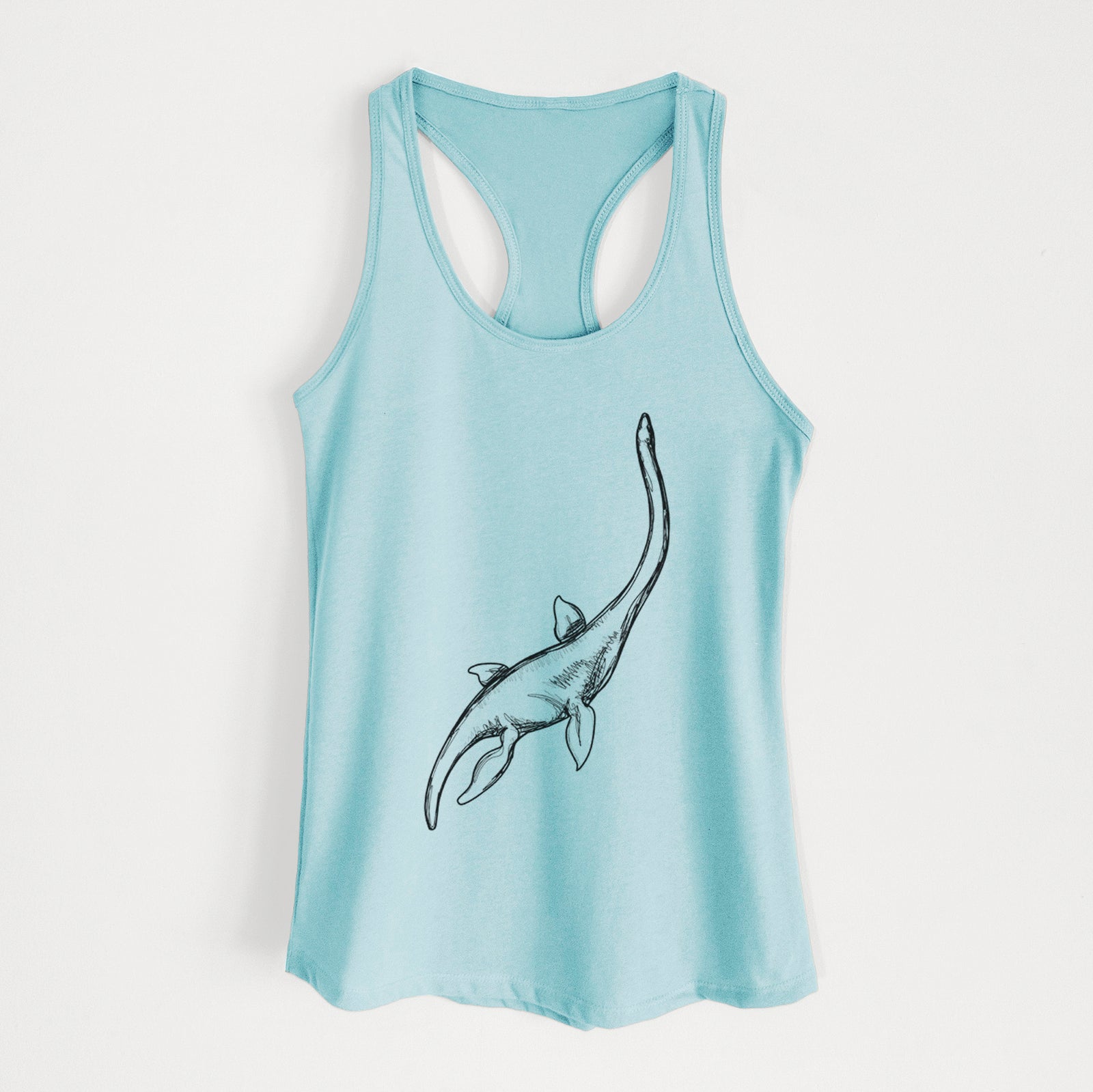 Banana cream women's racerback tank top laid flat, printed with a black ink illustration of a long-necked plesiosaur swimming.